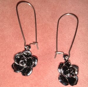 Camellia Rose Silver Flower Earrings Big Stainless Steel Wires Black Enamel Goth
